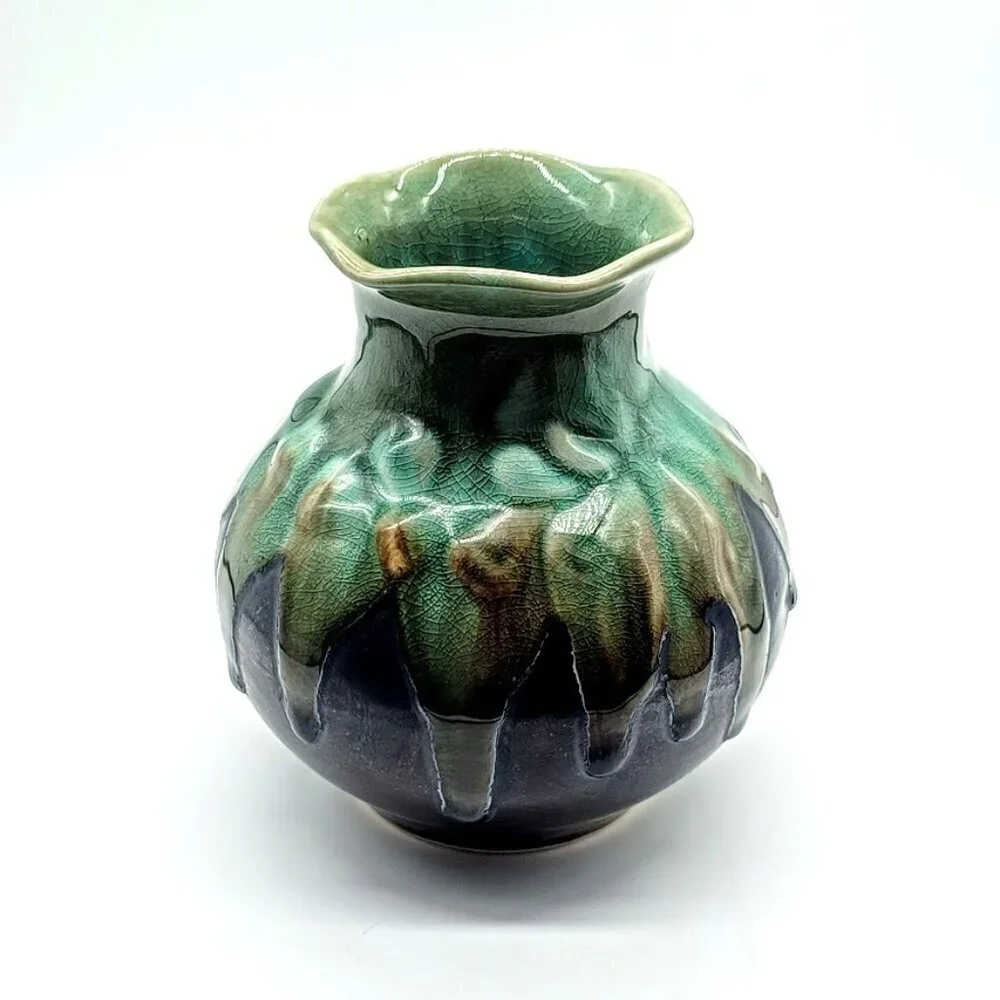 Vietnamese Hand-Crafted Drip Glazed Ruffle Rim Ceramic Vase